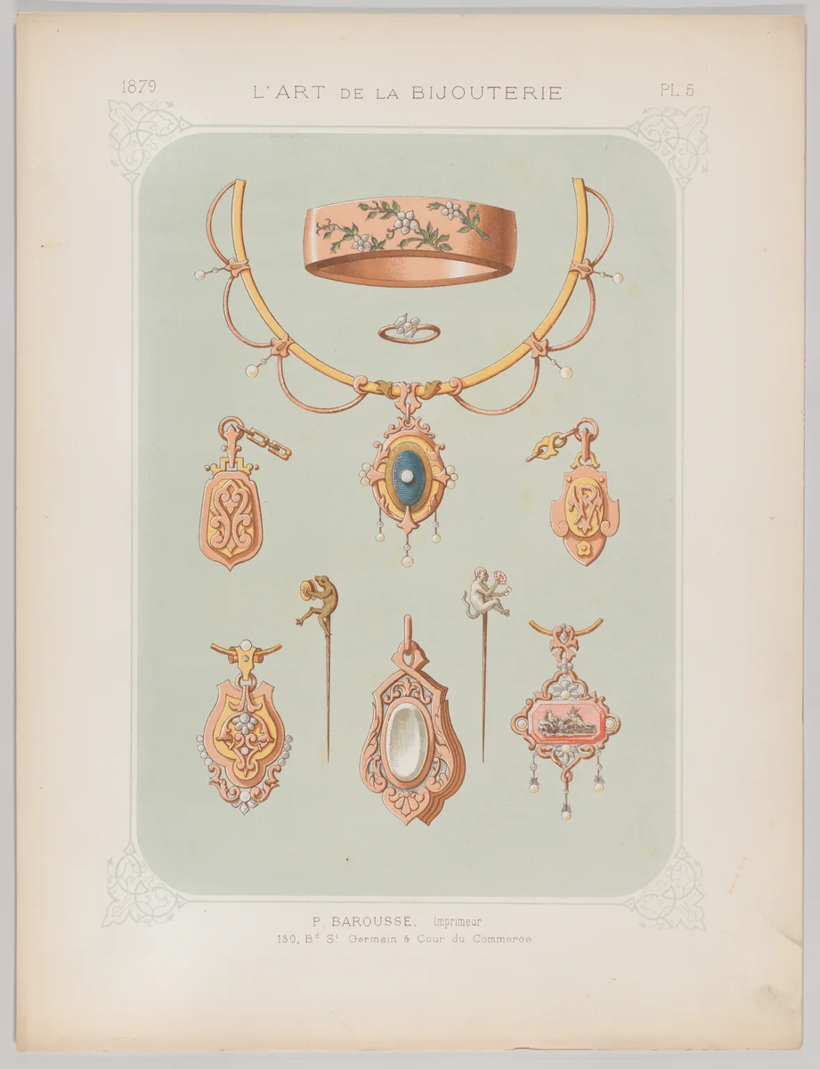 Jewelry Designs in Gold and Rose Gold, Plate 5 from "L'Art de la Bijouterie" by Jean Francois Barousse, print, 1879-1881