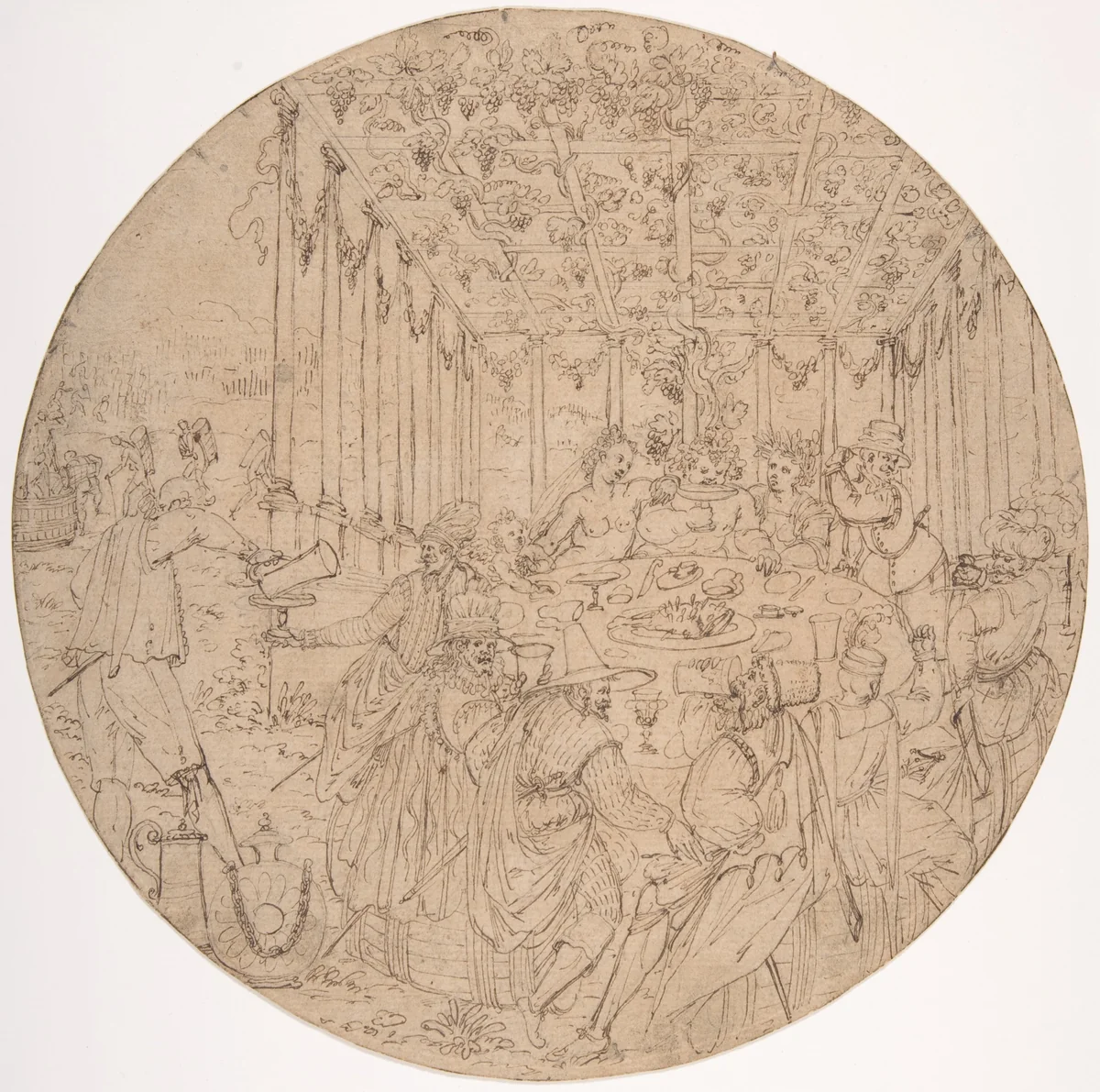 Banquet in an Arbor by anonymous, drawing, 1550-1603