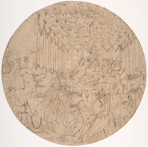 Banquet in an Arbor by anonymous, drawing, 1550-1603