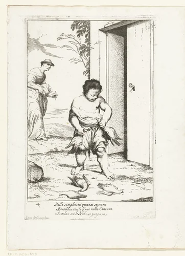 Bertoldino bindt twee ganzen aan zijn riem by Giuseppe Maria Crespi, print, 1710-1715