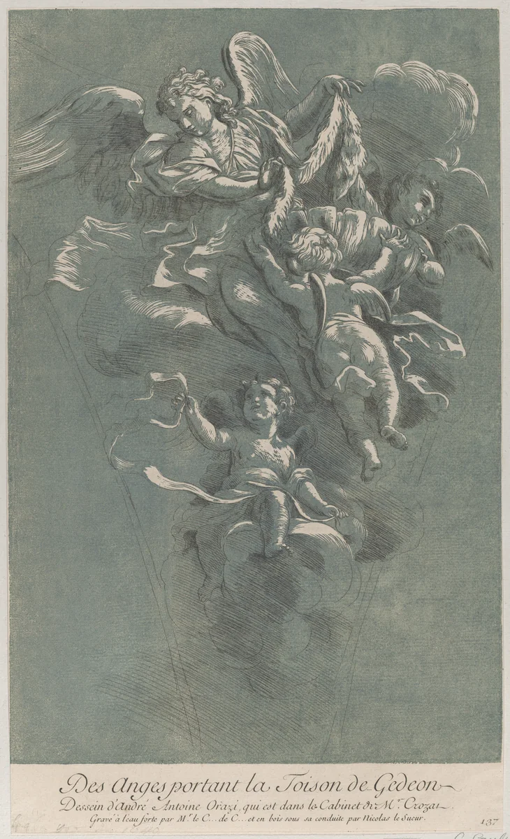 Three angels carrying Gideon's fleece; from 'Recueil d'estampes d'après les plus beaux tableaux et d'après les plus beaux desseins qui sont en France, Cabinet Crozat' after a drawing by Orazi by Anne Claude Philippe de Tubières, print, 1724-1769
