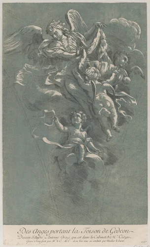 Three angels carrying Gideon's fleece; from 'Recueil d'estampes d'après les plus beaux tableaux et d'après les plus beaux desseins qui sont en France, Cabinet Crozat' after a drawing by Orazi by Anne Claude Philippe de Tubières, print, 1724-1769