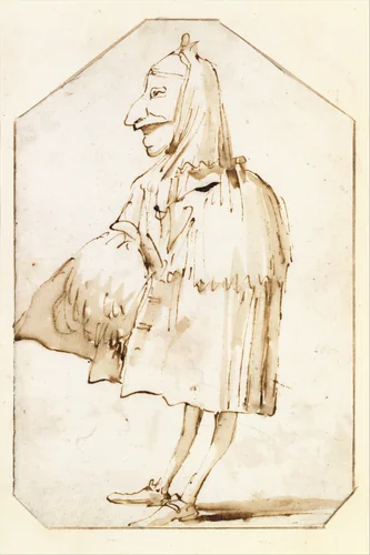 Caricature of a Man in a Mask and a Cloak, Holding a Muff and a Tricorne, Standing in Profile to the Left by Giovanni Battista Tiepolo, drawing, 1755-1765