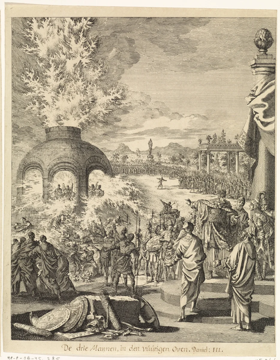 Nebukadnezar in verwondering over de aanwezigheid van drie jongelingen in de vurige oven by Jan Luyken, print, 1708