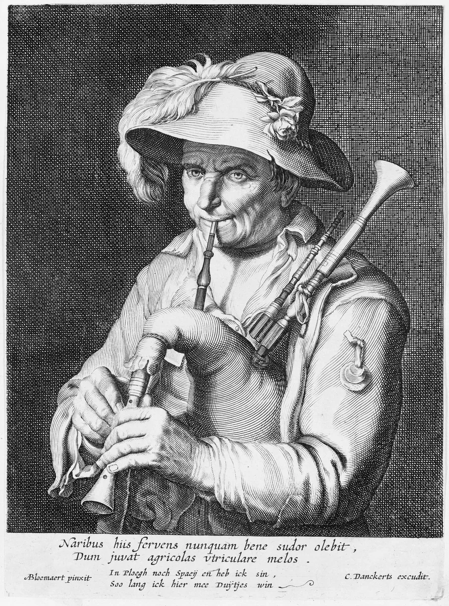 Man Playing Bagpipe by Cornelis Bloemaert, print, 1615-1684