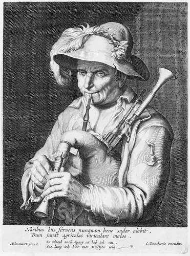 Man Playing Bagpipe by Cornelis Bloemaert, print, 1615-1684