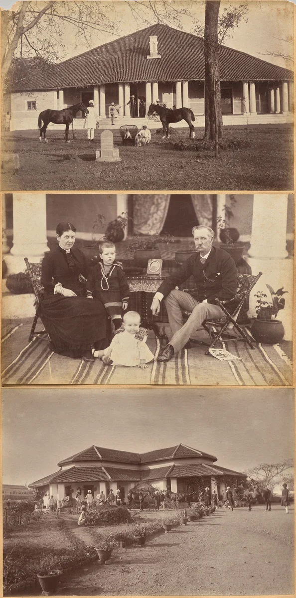 Captain Falkner's Bungalow, Neemuch (recto, top); Col. Carpendale and family, Neemuch (recto, bottom); Major Creagh's home, Mhon (verso) by Raja Deen Dayal, photograph, 1877-1892