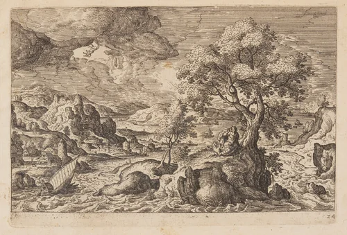 Plate 24, from Landscapes with Scenes from the Old and New Testament and Ovid’s Metamorphoses by Hans Bol, print, 1574
