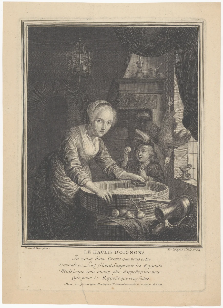 Young Woman Chopping Onions by Louis Surugue, print, 1724