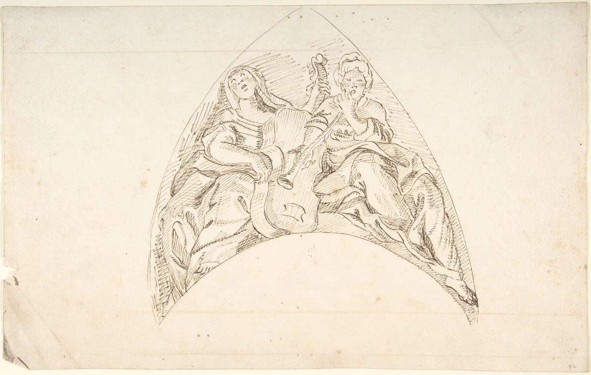 Design for a Pedentive Decoration: two women with musical instruments by anonymous, drawing, 1700-1800
