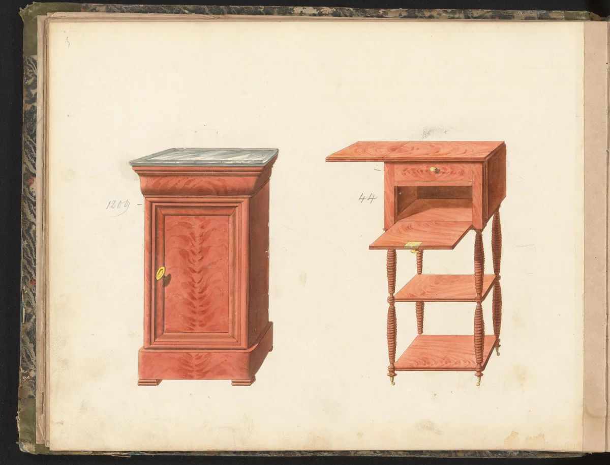 Twee ontwerpen voor nachtkastjes by anonymous, drawing, 1825-1839