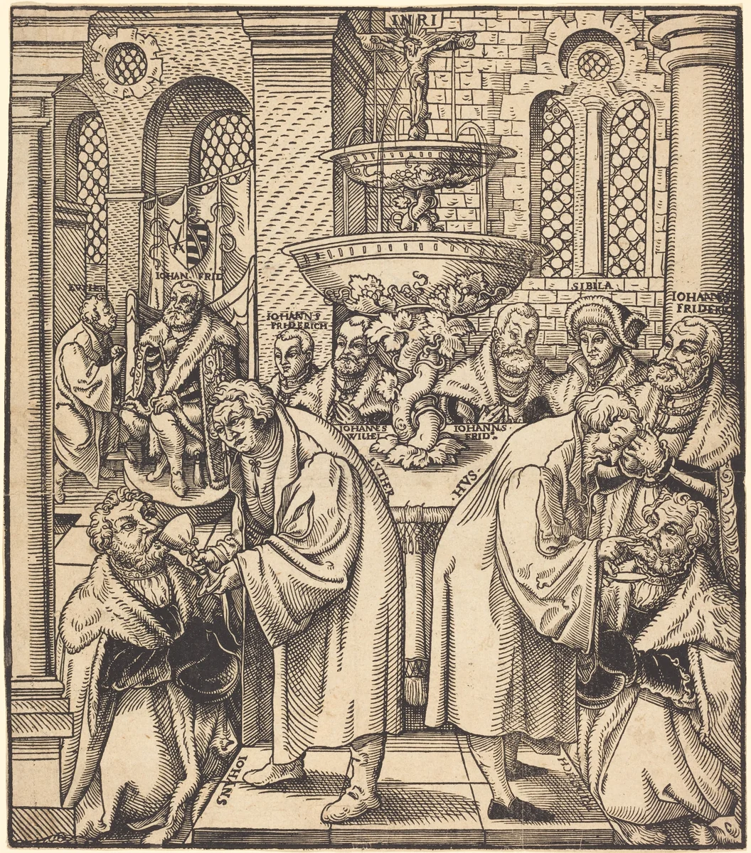 The Reformers Luther and Hus Giving Communion to the Princes of the House of Saxony by Lucas Cranach, print, 1472-1553