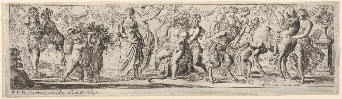 Composition of figures between a Pan herm and a sculpted bust: at left putti carry grapevines, at center a satyr supports Silenus upon a leopard skin, at right a satyr shoes a donkey, from a series of twelve frieze-like designs showing bacchanals, sacrifices, and dances by Pierre Brebiette, print, 1617-1625