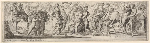 Composition of figures between a Pan herm and a sculpted bust: at left putti carry grapevines, at center a satyr supports Silenus upon a leopard skin, at right a satyr shoes a donkey, from a series of twelve frieze-like designs showing bacchanals, sacrifices, and dances by Pierre Brebiette, print, 1617-1625