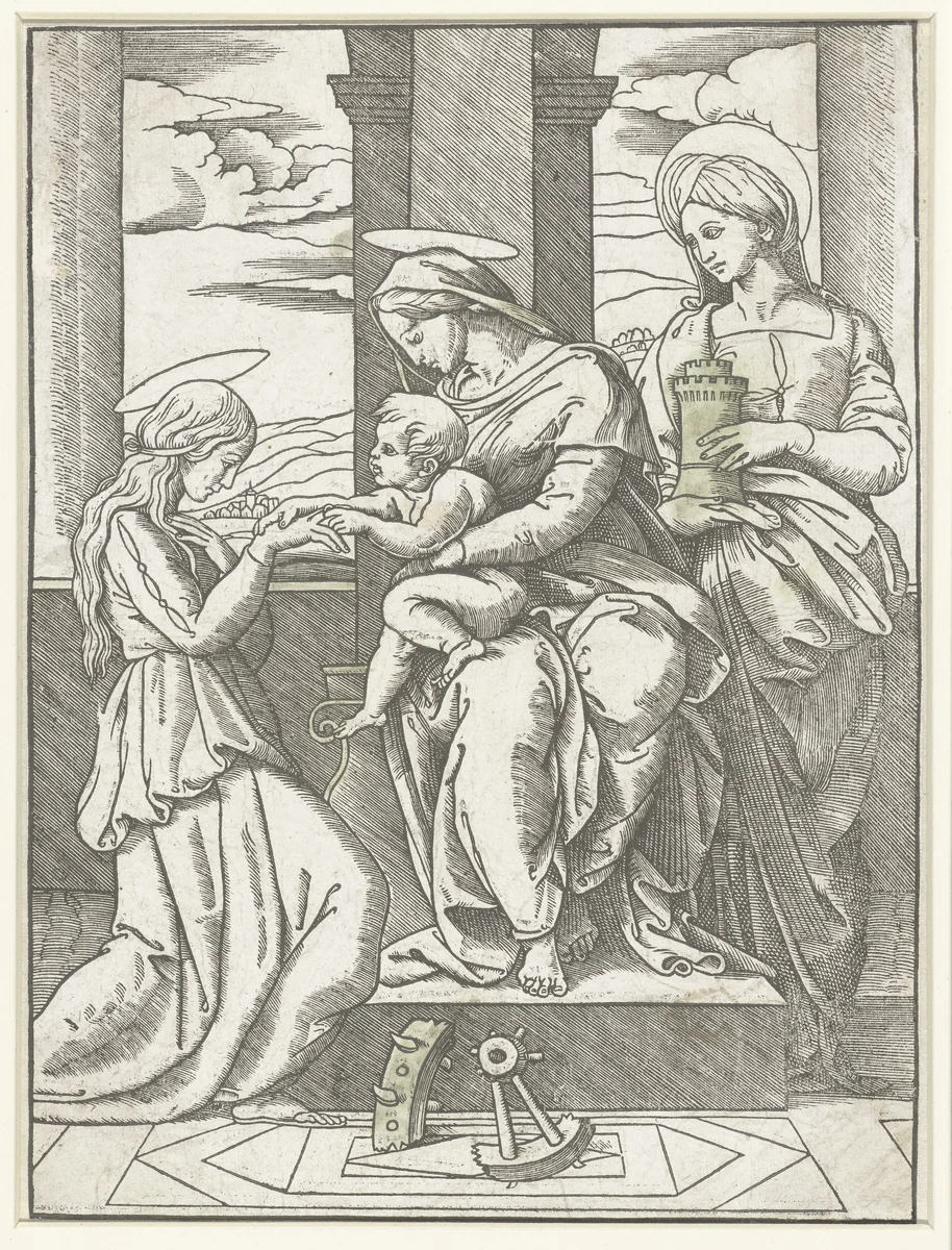 Maria met kind zittend op een troon tussen de heiligen Catharina en Barbara by anonymous, print, 1500-1560