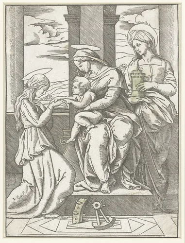 Maria met kind zittend op een troon tussen de heiligen Catharina en Barbara by anonymous, print, 1500-1560