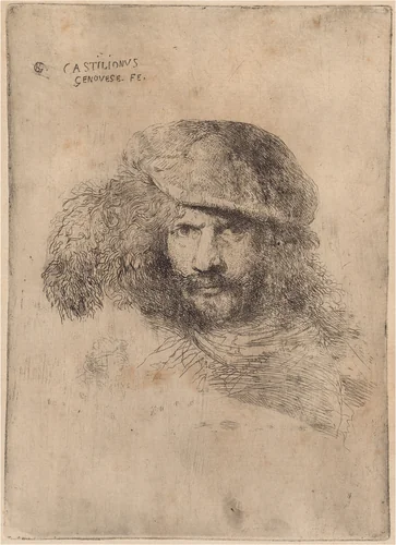 Self-Portrait(?), Wearing a Plumed Cap ["Portrait of Bernini"] by Giovanni Benedetto Castiglione, print, 1645-1650