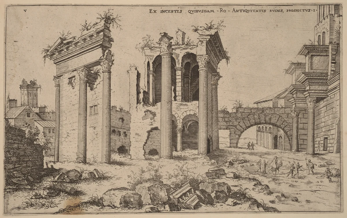 View of the Forum of Nerva by Hieronymus Cock, print, 1550