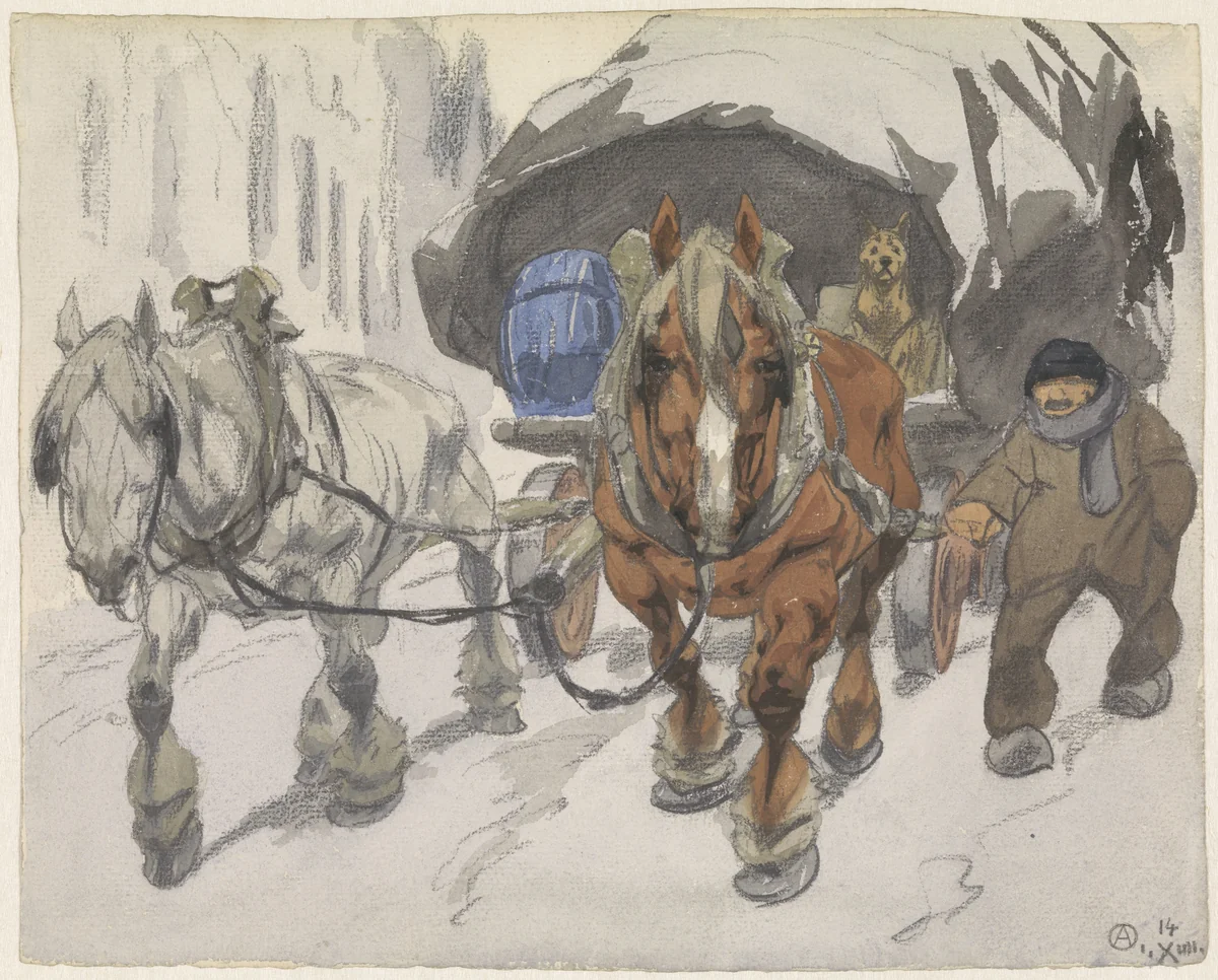 Boerenwagen met twee paarden ervoor by Alfred Ost, drawing, 1914