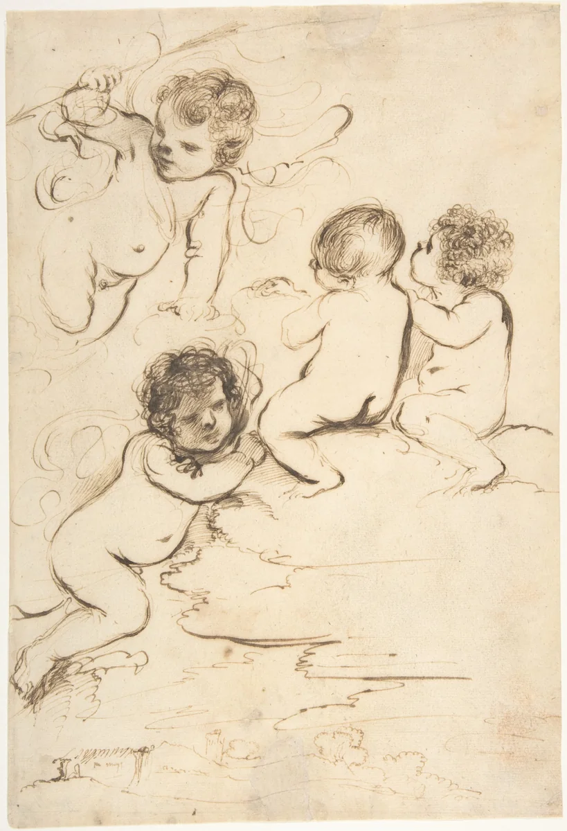 Four Putti with Bow and Arrows on Clouds above a Landscape with a Tower by Guercino, drawing, 1591-1666