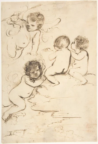 Four Putti with Bow and Arrows on Clouds above a Landscape with a Tower by Guercino, drawing, 1591-1666