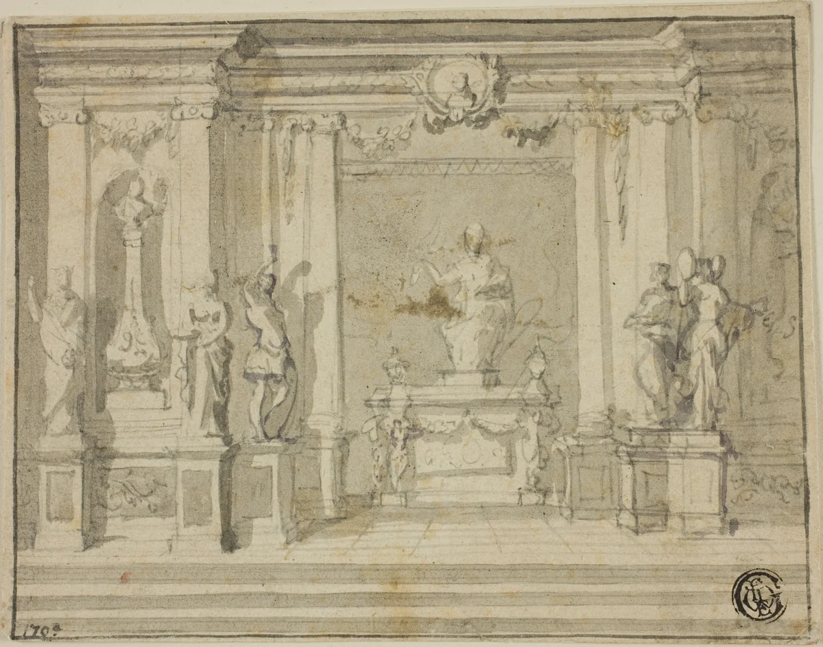 Inner Portico with Statues by Unknown Artist, drawing, 1700-1799