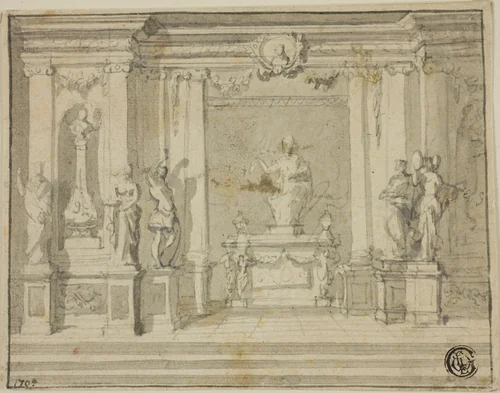 Inner Portico with Statues by Unknown Artist, drawing, 1700-1799