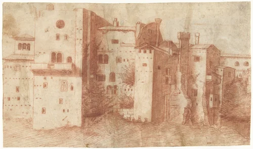 Groep huizen in een stad by anonymous, drawing, 1500-1599