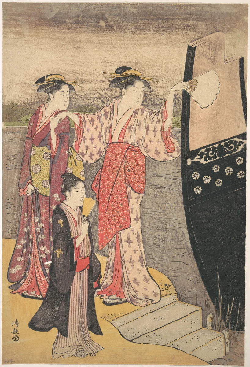 Disembarking from a Pleasure Boat on the Sumida River by Torii Kiyonaga (鳥居清長), print, 1742-1815