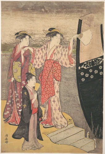 Disembarking from a Pleasure Boat on the Sumida River by Torii Kiyonaga (鳥居清長), print, 1742-1815