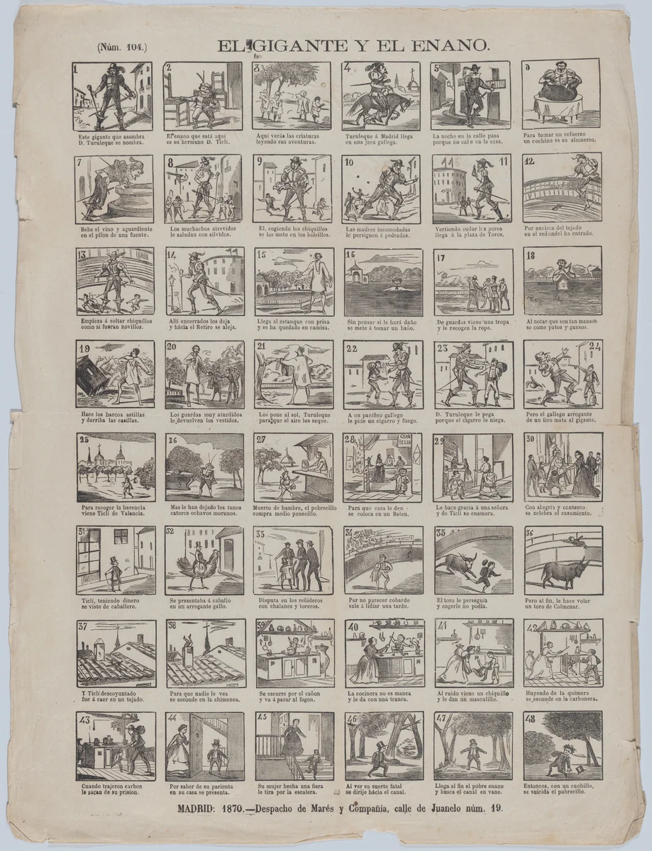 Broadside with 48 scenes relating to the giant and the dwarf by José María Marés, print, 1870