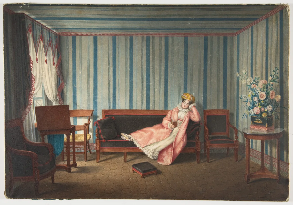 Woman in Pink Reclining on a Canape by Theodore Lebrun, drawing, 1819