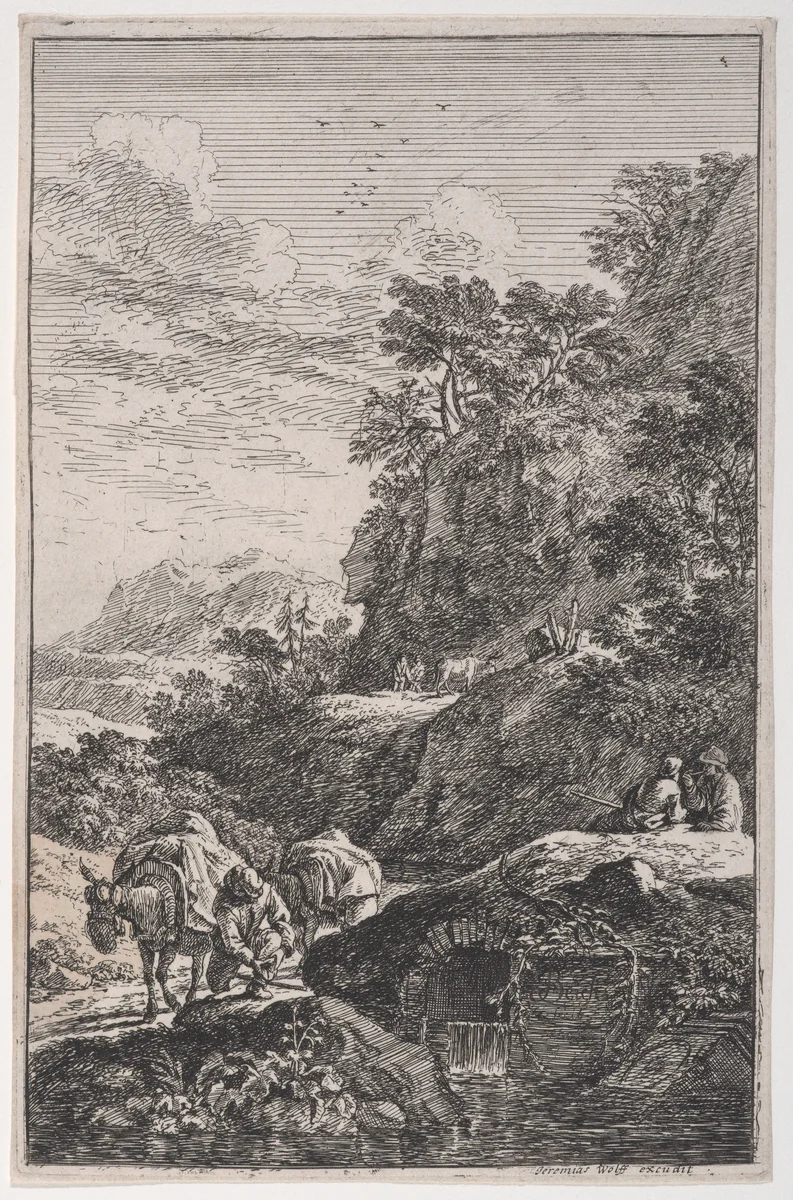 Plate 1: a peasant checking the hoof of his mule by a stream, from "Landscapes in the manner of Salvator Rosa" (Die Landschaften in Sal. Rosa's) by Franz Joachim Beich, print, 1695-1730