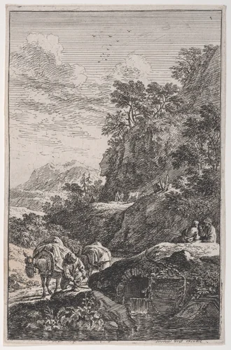 Plate 1: a peasant checking the hoof of his mule by a stream, from "Landscapes in the manner of Salvator Rosa" (Die Landschaften in Sal. Rosa's) by Franz Joachim Beich, print, 1695-1730