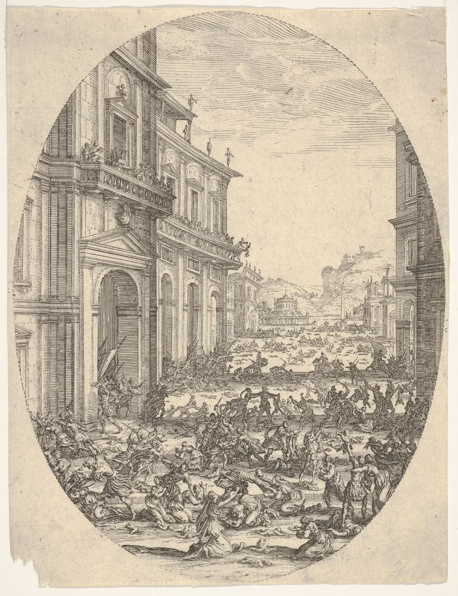 The Massacre of the Innocents, with architectural facades at left and right, an oval composition by Jacques Callot, print, 1592-1635