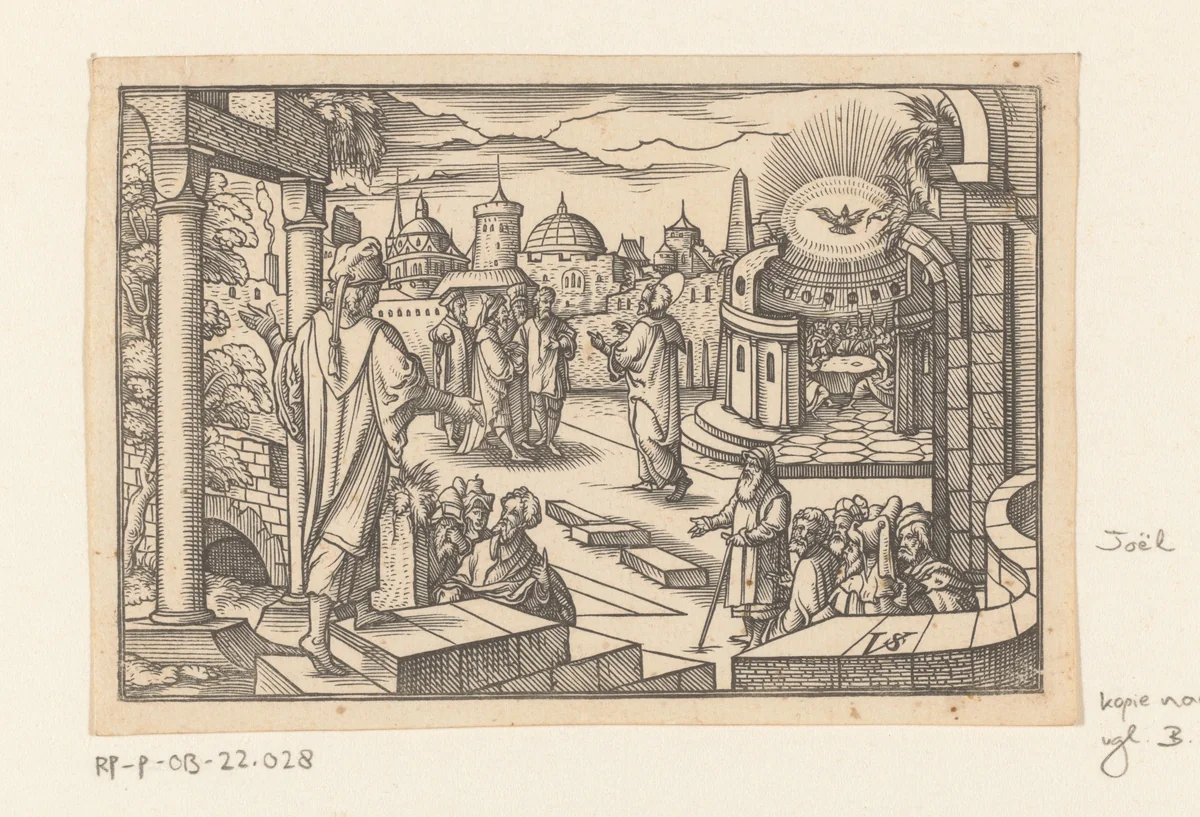 Joël predikend en de uitstorting van de Heilige Geest by anonymous, print, 1524-1612