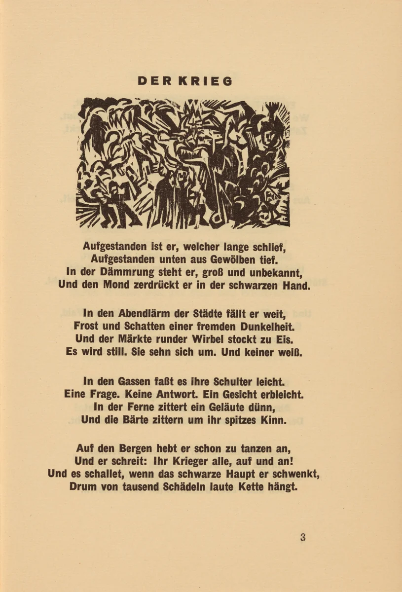 Der Krieg (The War) (headpiece, page 3) from Georg Heym: Umbra Vitae (Georg Heym: Shadow of Life) by Ernst Ludwig Kirchner, volume, 1924
