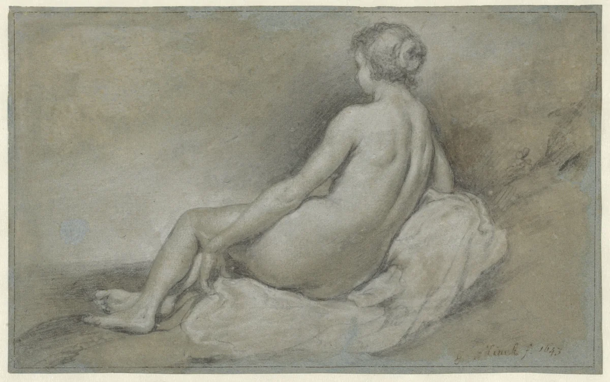 Zittend vrouwelijk naakt, op de rug gezien by Govert Flinck, drawing, 1643
