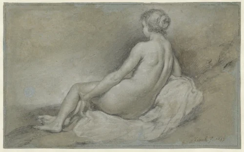 Zittend vrouwelijk naakt, op de rug gezien by Govert Flinck, drawing, 1643