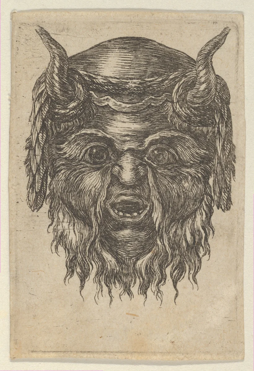 Satyr Mask with a Laurel Wreath Draped Over the Horns, from "Divers Masques" by François Chauveau, print, 1630-1650