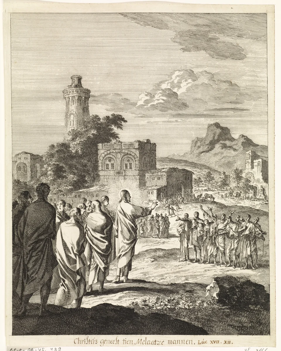 Christus en de tien melaatsen by Jan Luyken, print, 1708