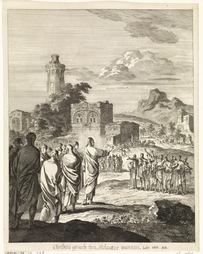 Christus en de tien melaatsen by Jan Luyken, print, 1708