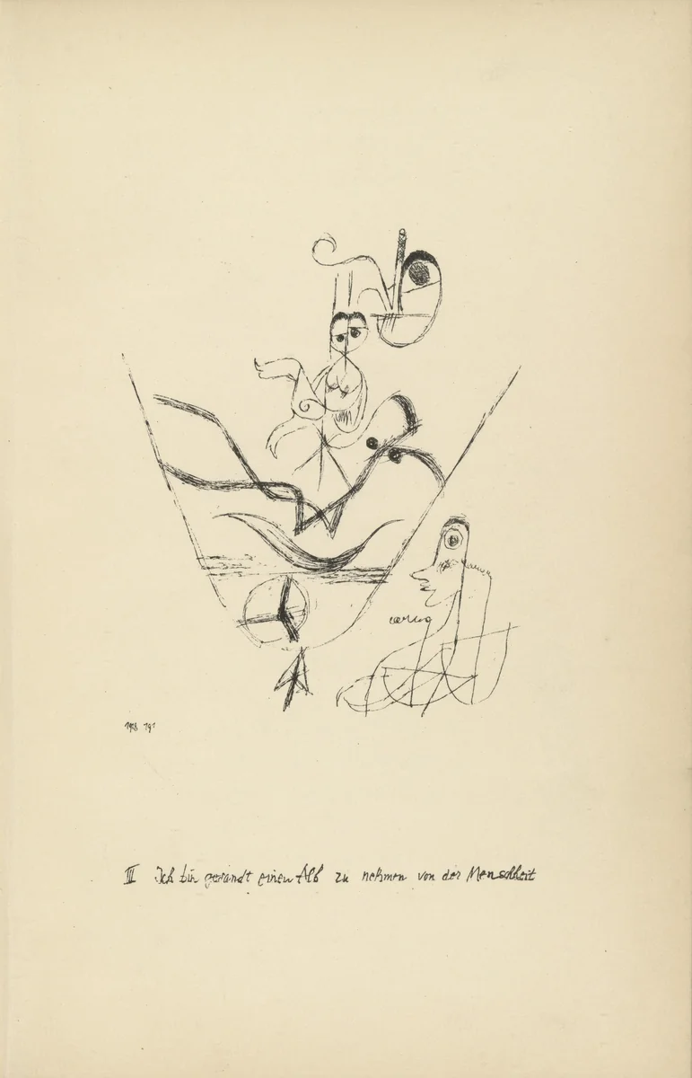 I Am Sent to Relieve Mankind of a Nightmare (plate facing page 32) from Potsdamer Platz oder Die Nächte des neuen Messias. Ekstatische Visionen (Potsdamer Platz or The Nights of the New Messiah. Ecstatic Visions) by Paul Klee, illustrated book, 1919