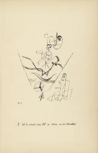 I Am Sent to Relieve Mankind of a Nightmare (plate facing page 32) from Potsdamer Platz oder Die Nächte des neuen Messias. Ekstatische Visionen (Potsdamer Platz or The Nights of the New Messiah. Ecstatic Visions) by Paul Klee, illustrated book, 1919