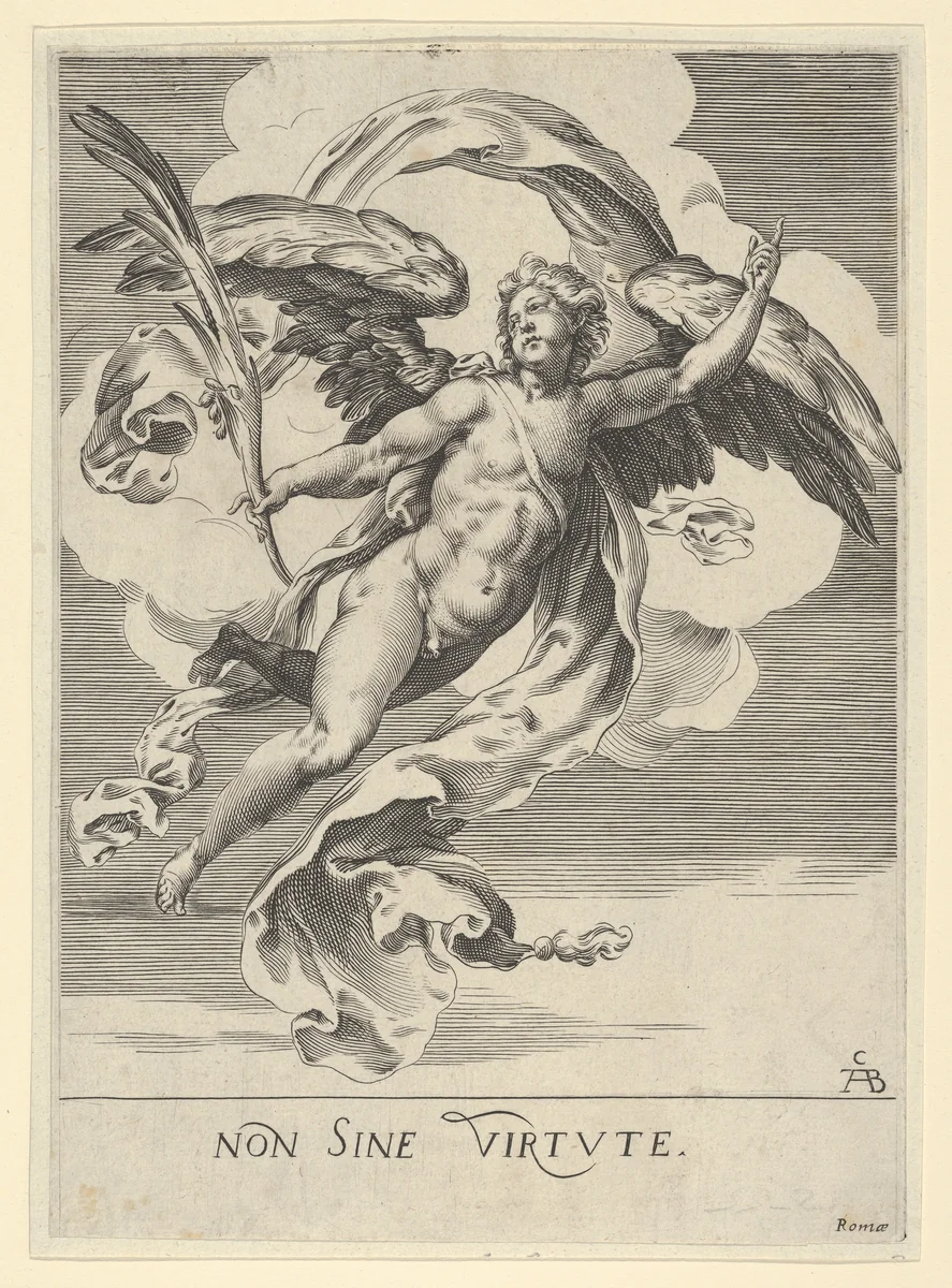 Winged angel holding a palm in his right hand and with drapery behind him by Cherubino Alberti, print, 1620-1700