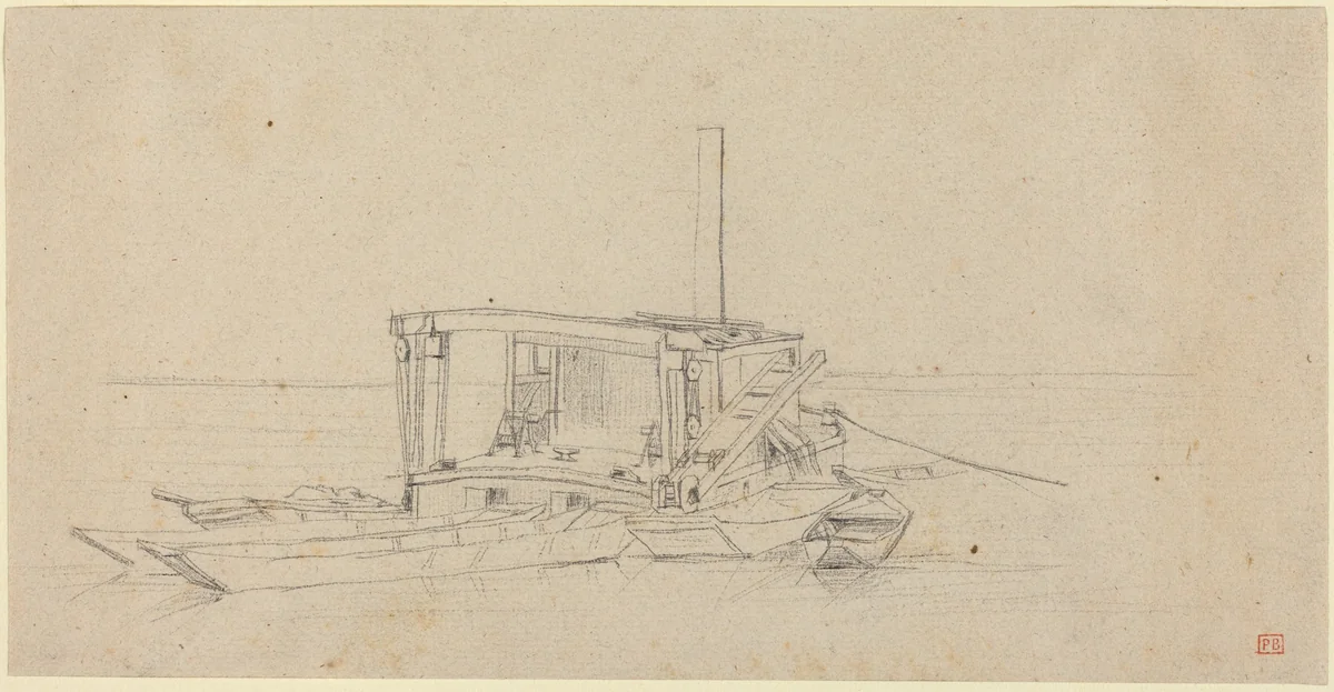 River Dredges and Lighters by Charles Meryon, drawing, 1850