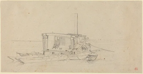 River Dredges and Lighters by Charles Meryon, drawing, 1850