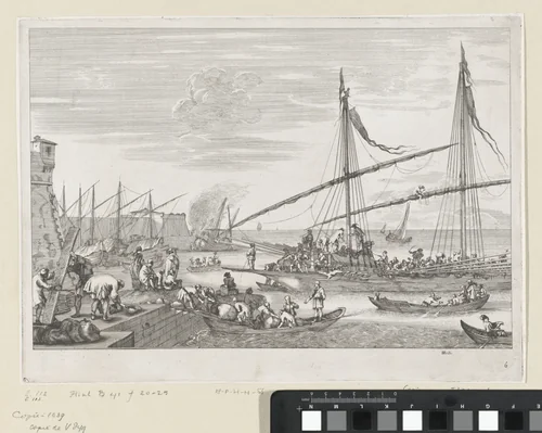 Schepen en sloepen in de haven van Livorno by anonymous, print, 1655