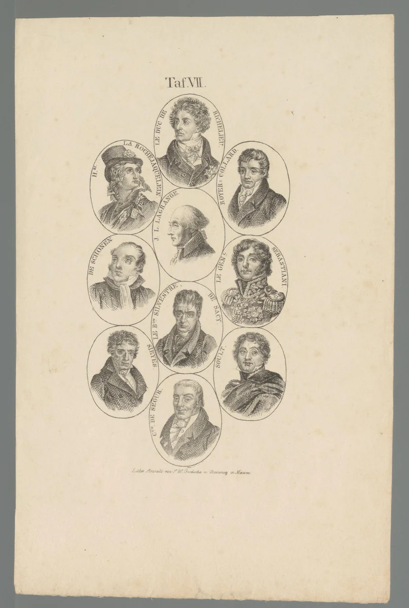 Tien portretten van Franse politici, militairen en wetenschappers by anonymous, print, 1800-1850