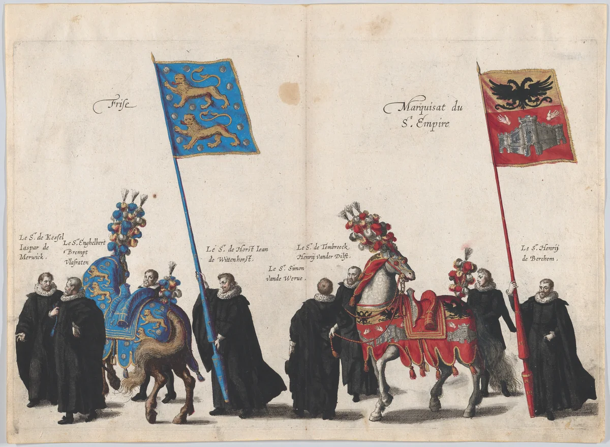 Plate 34: Men with heraldic flags and horses from Frise and the Hapsburg Empire marching in the funeral procession of Archduke Albert of Austria; from 'Pompa Funebris ... Alberti Pii' by Cornelis Galle, print, 1623